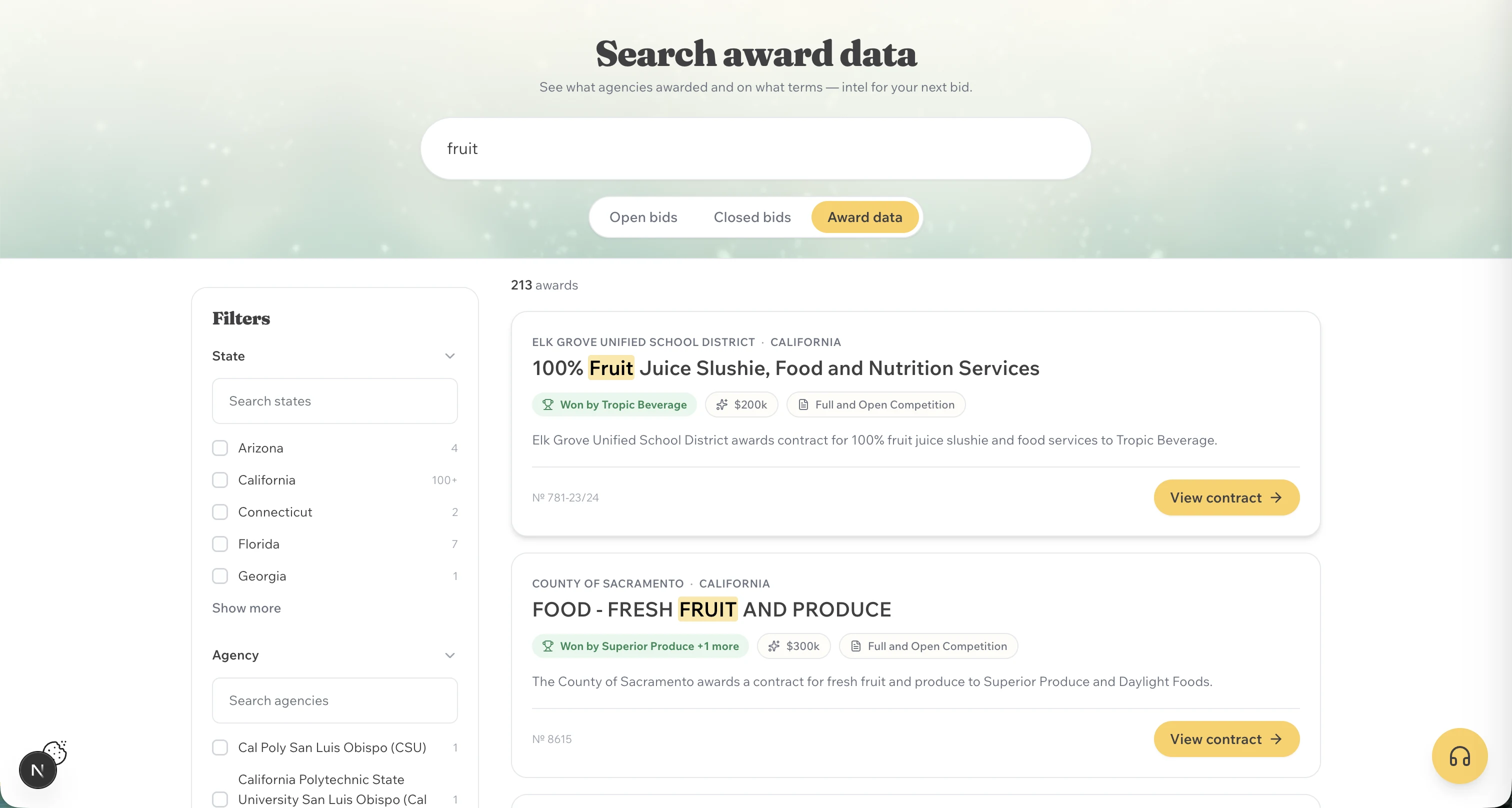 Bid Banana award-data search showing 213 awarded contracts for “fruit”, filtered by state and agency, each result naming the winning vendor, the award value and the competition type.