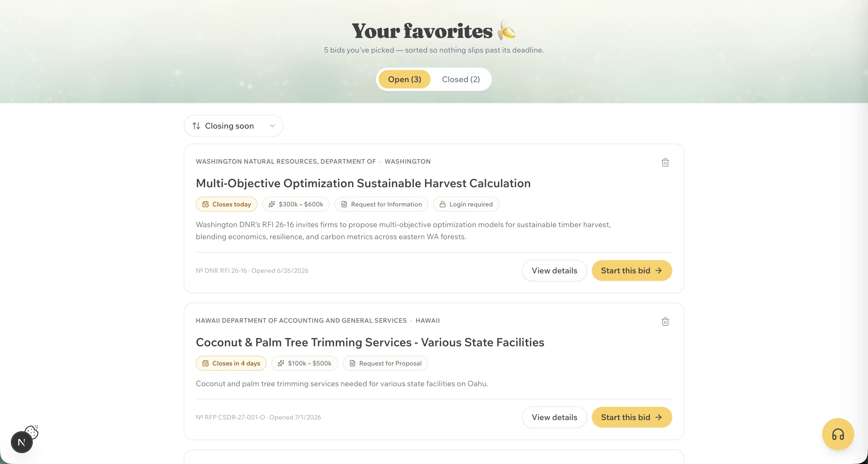 Bid Banana favorites, showing five saved bids split into open and closed, sorted by closing date, with the soonest closing today.