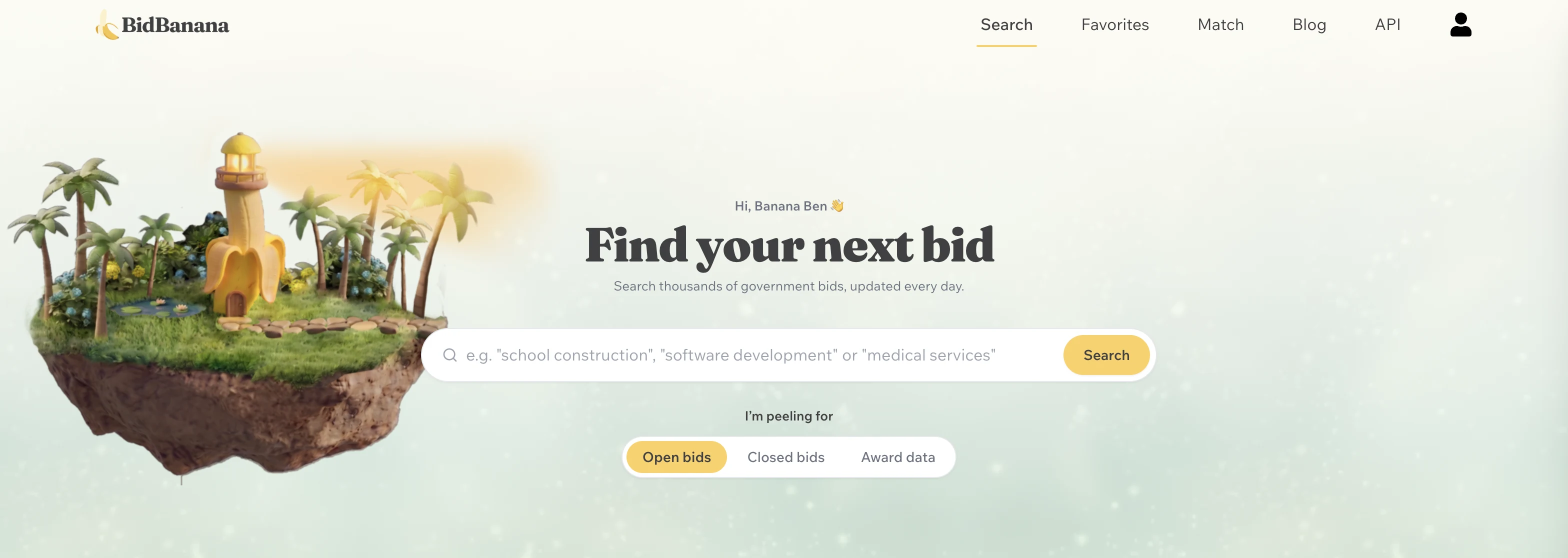 The Bid Banana Search home: a floating island with a banana lighthouse beside the heading “Find your next bid”, a single search box, and a toggle for open bids, closed bids, or award data.