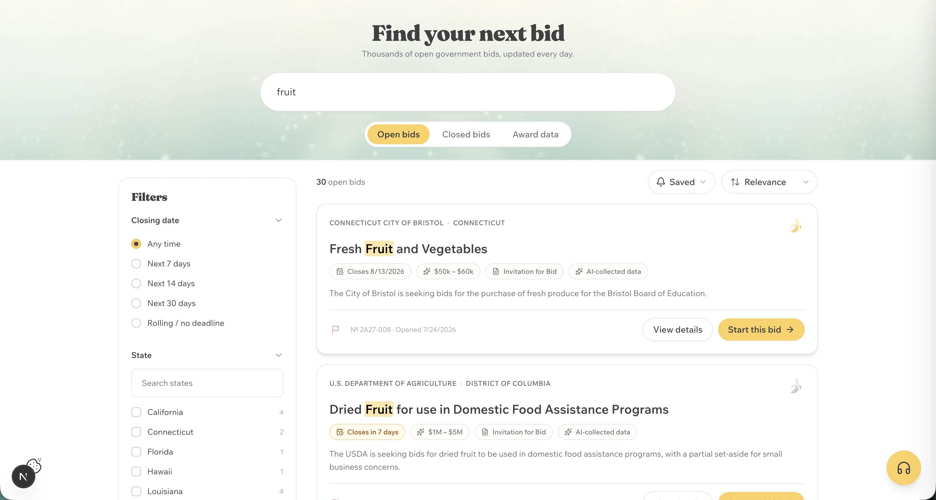 Bid Banana Search showing 30 open bids for “fruit”, with filters for closing date and state, and result cards listing the closing date, budget range, solicitation type and an AI-collected-data label.