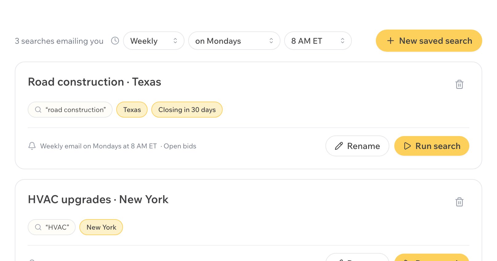 Bid Banana saved searches: one weekly email on Mondays at 8 AM ET covering every saved search, each with its keywords and state filters.
